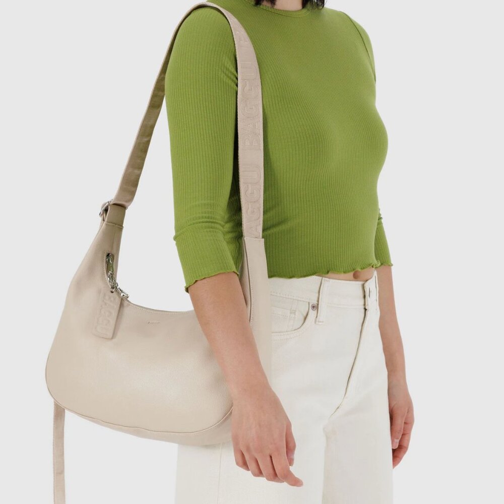 NEW Baggu Medium Recycled Leather Crescent Bag in Stone